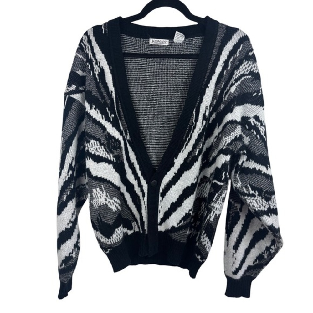 Koman Black White Zebra Print Button Up Knit Grandpa‎ Cardigan Women's Large